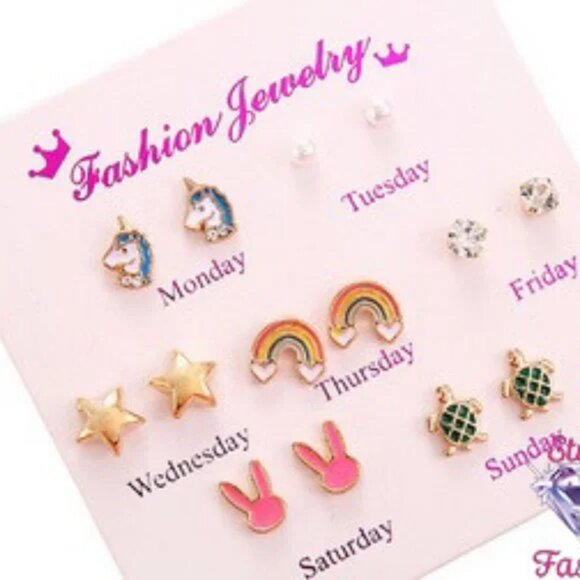 Days of the Week Earring Set for Girls (Unicorn, Stars and Bunnies Variety) - Picture 4 of 4